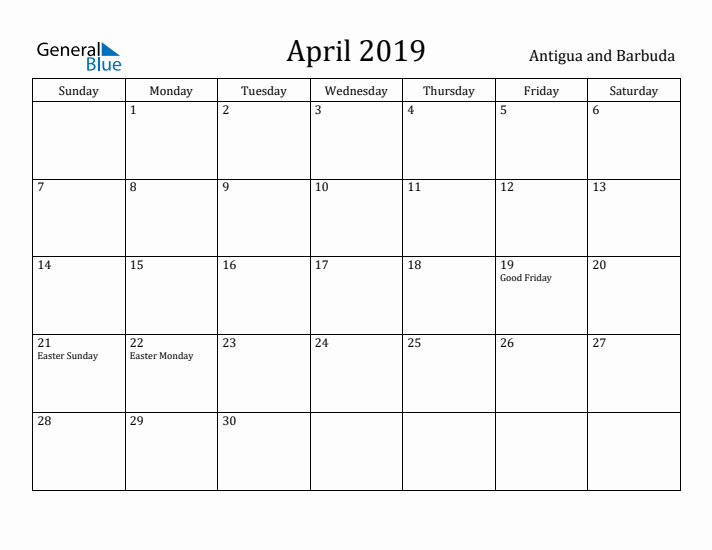 April 2019 Calendar Antigua and Barbuda