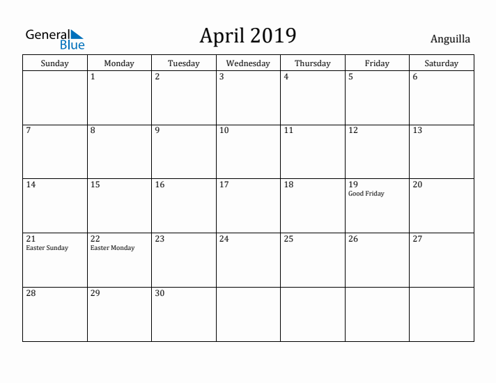 April 2019 Calendar Anguilla