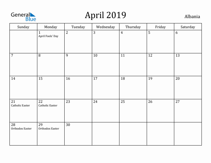 April 2019 Calendar Albania