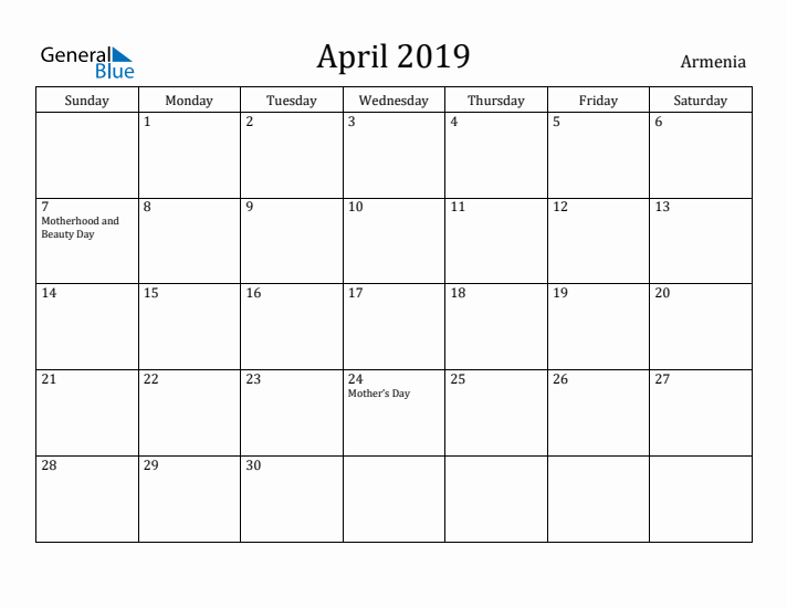 April 2019 Calendar Armenia