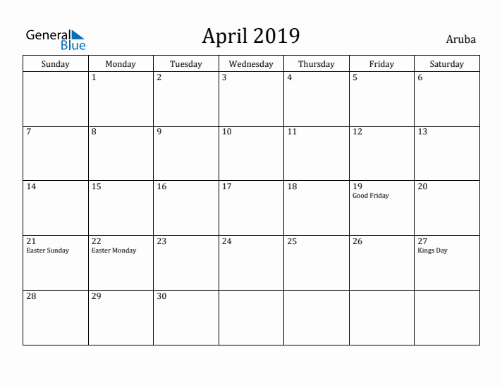 April 2019 Calendar Aruba