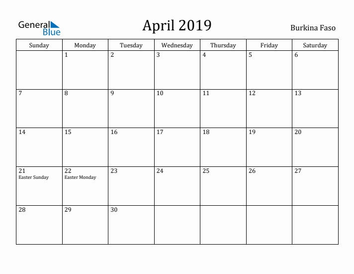 April 2019 Calendar Burkina Faso