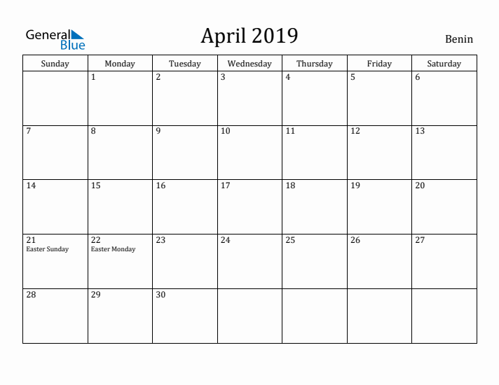 April 2019 Calendar Benin