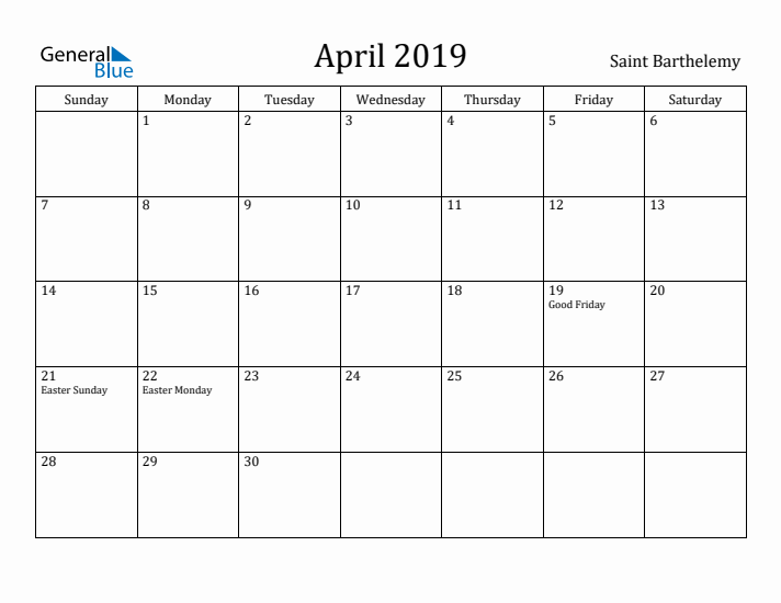 April 2019 Calendar Saint Barthelemy