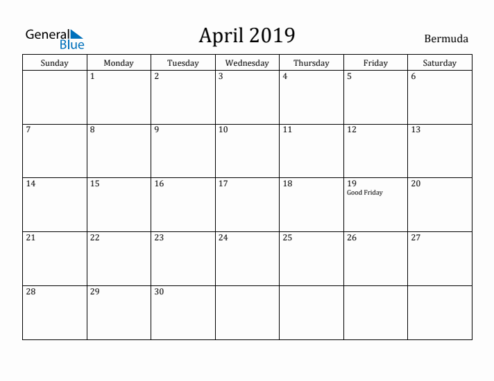 April 2019 Calendar Bermuda