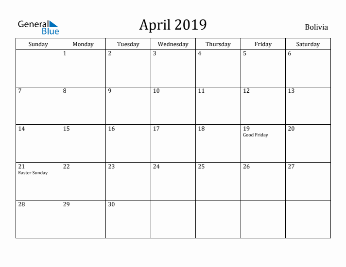 April 2019 Calendar Bolivia