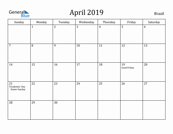 April 2019 Calendar Brazil