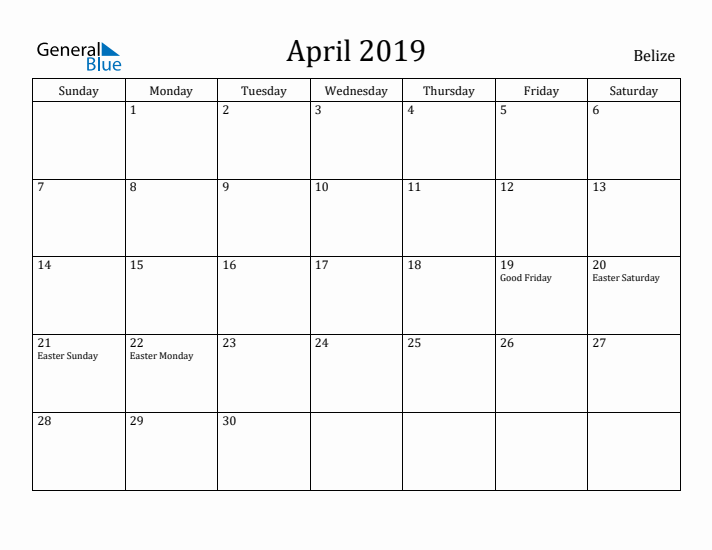 April 2019 Calendar Belize