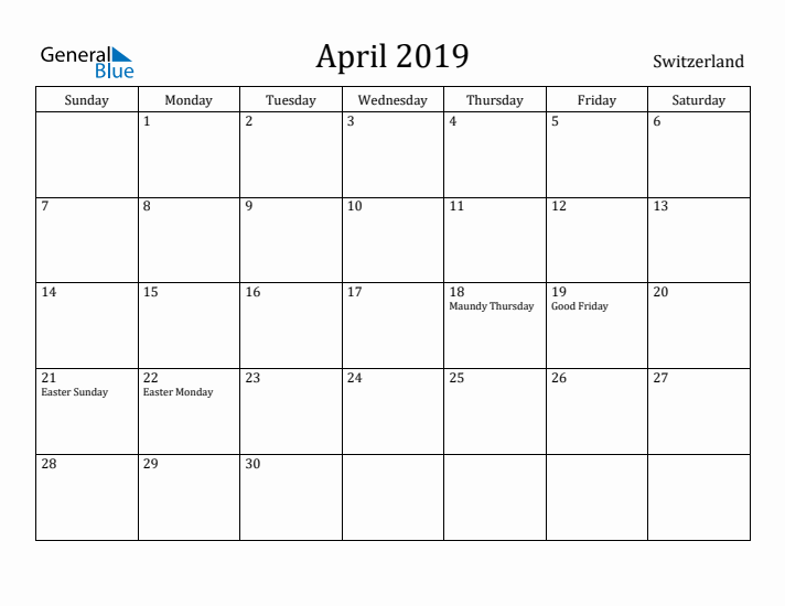 April 2019 Calendar Switzerland