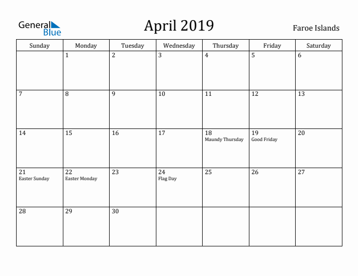 April 2019 Calendar Faroe Islands