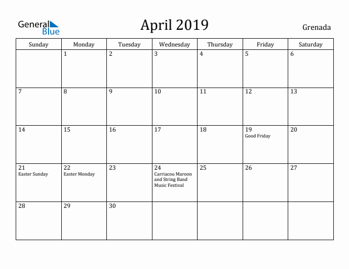 April 2019 Calendar Grenada