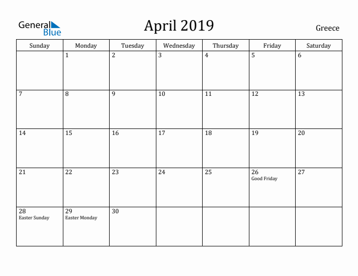 April 2019 Calendar Greece