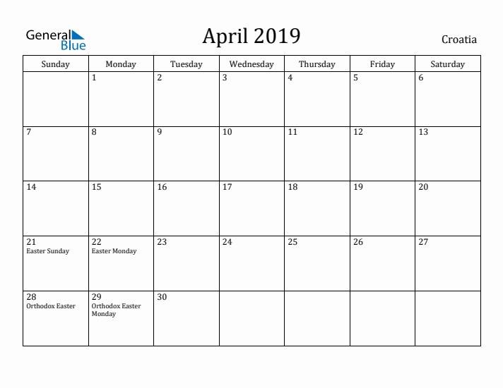 April 2019 Calendar Croatia