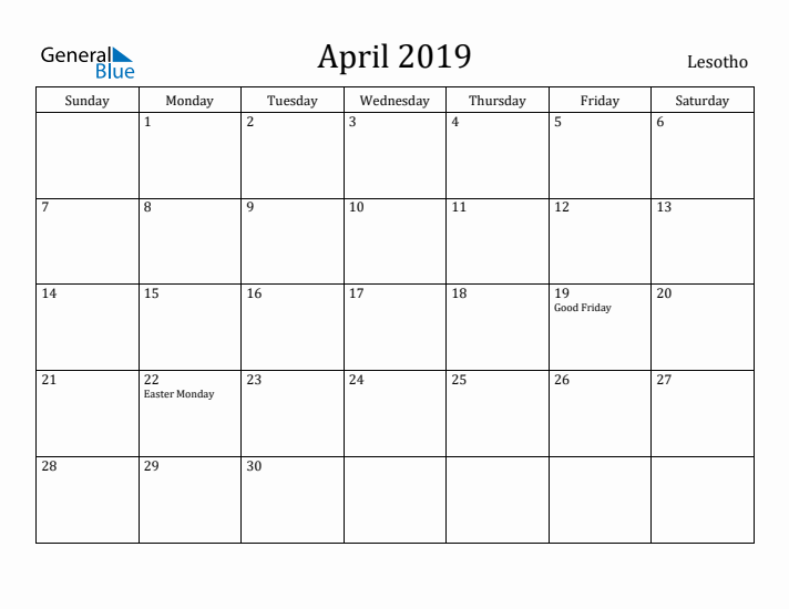 April 2019 Calendar Lesotho