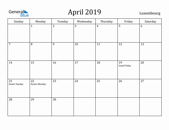 April 2019 Calendar Luxembourg