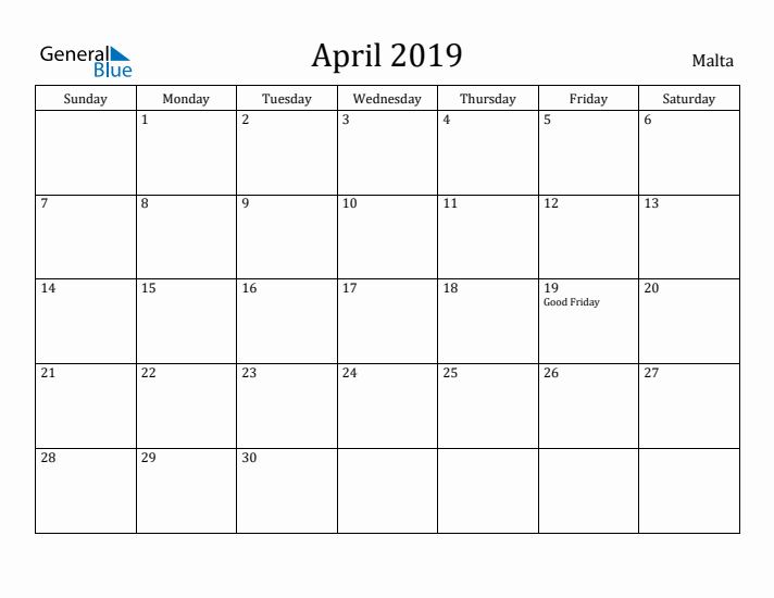 April 2019 Calendar Malta