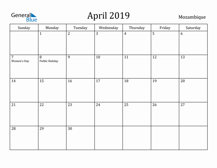 April 2019 Calendar Mozambique