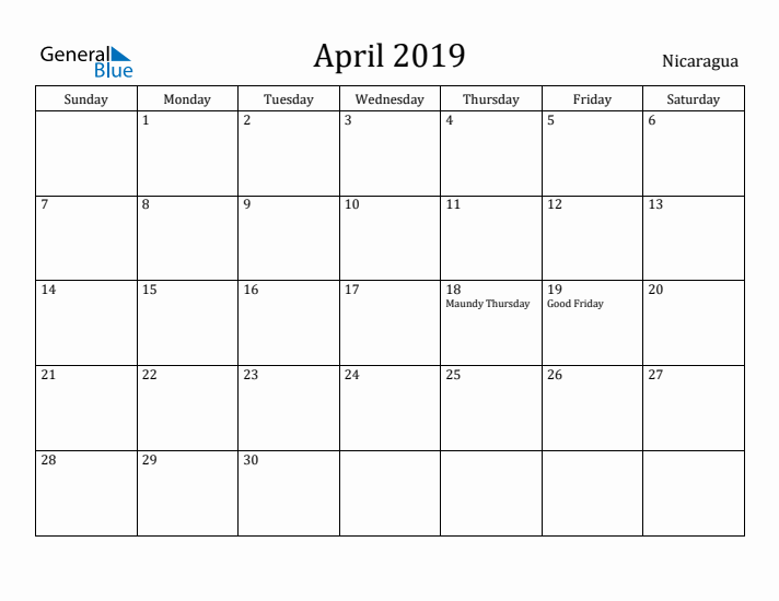 April 2019 Calendar Nicaragua