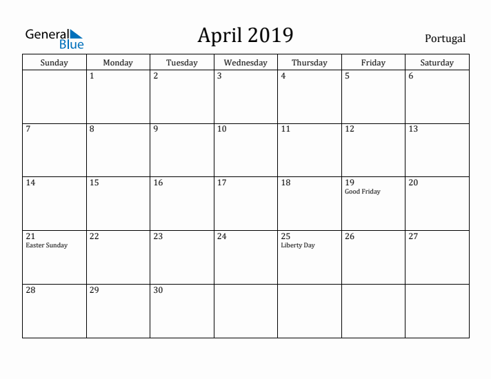 April 2019 Calendar Portugal