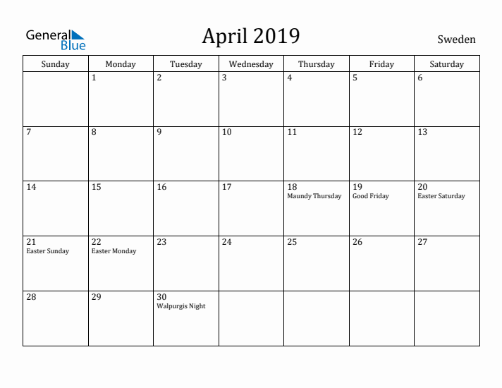 April 2019 Calendar Sweden