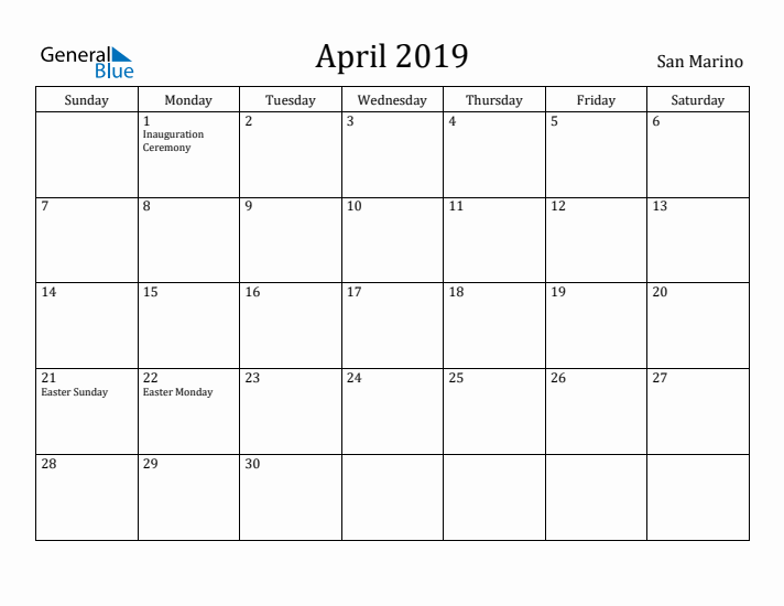 April 2019 Calendar San Marino