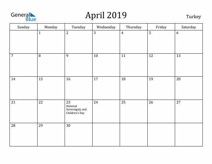 April 2019 Calendar Turkey