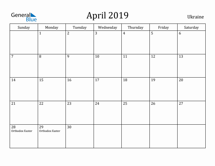 April 2019 Calendar Ukraine