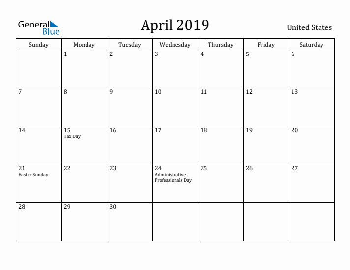 April 2019 Calendar United States