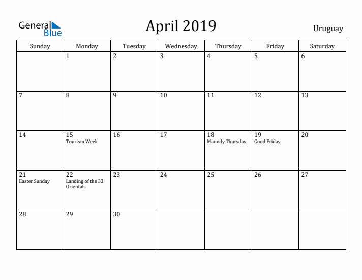 April 2019 Calendar Uruguay