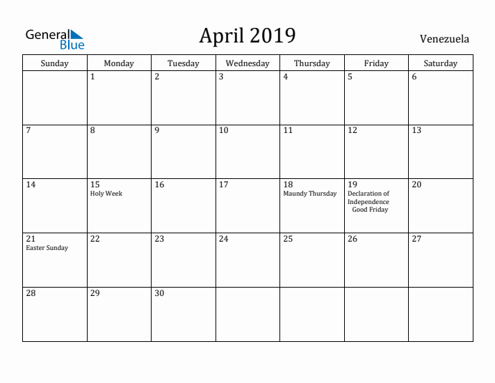 April 2019 Calendar Venezuela