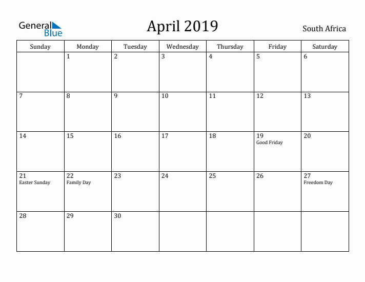 April 2019 Calendar South Africa