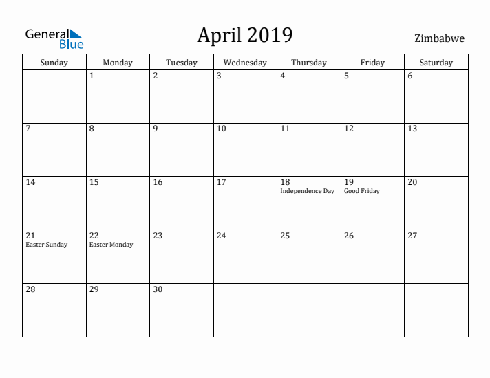 April 2019 Calendar Zimbabwe