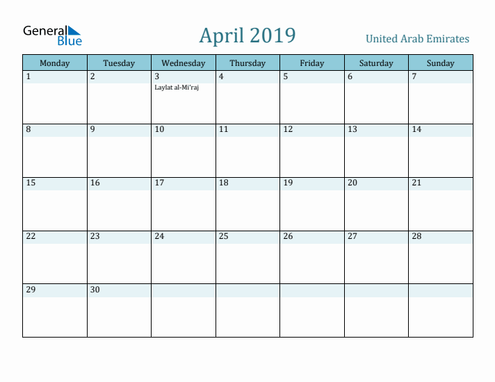 April 2019 Calendar with Holidays