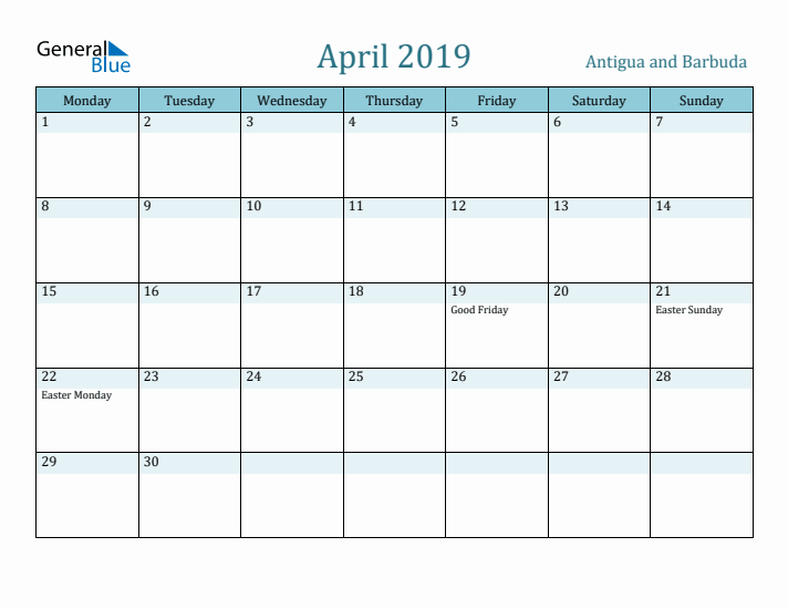 April 2019 Calendar with Holidays