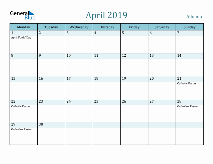 April 2019 Calendar with Holidays