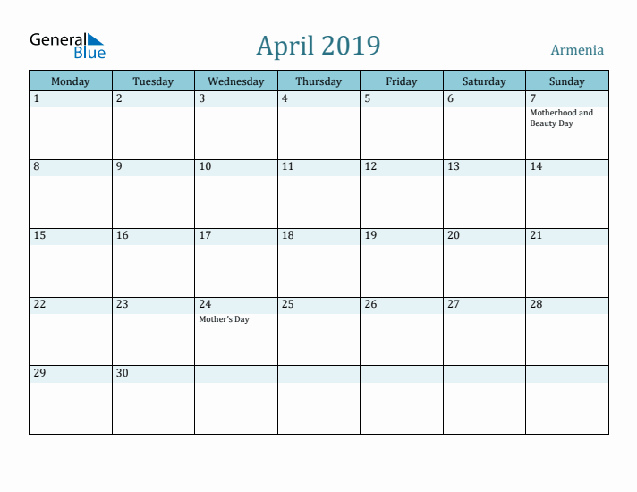 April 2019 Calendar with Holidays