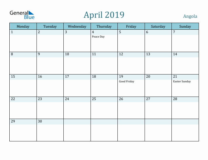 April 2019 Calendar with Holidays