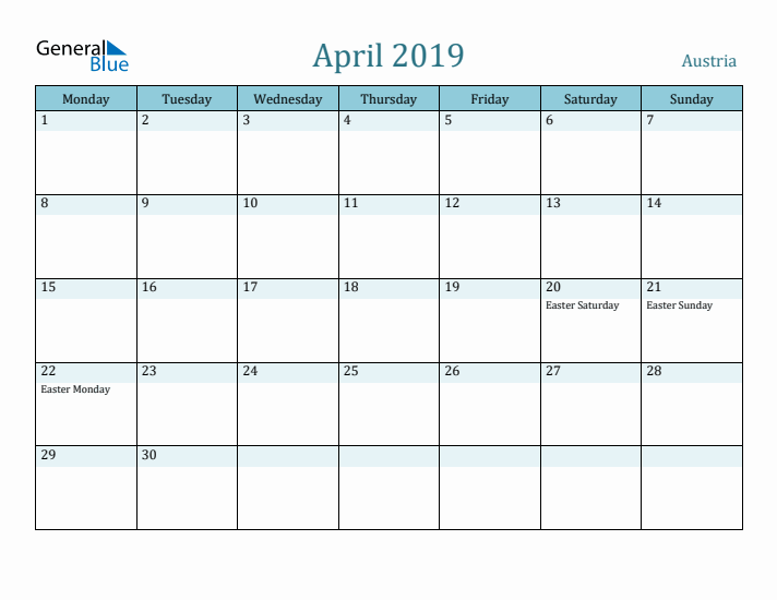 April 2019 Calendar with Holidays