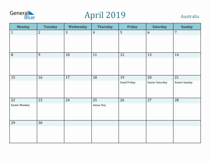 April 2019 Calendar with Holidays