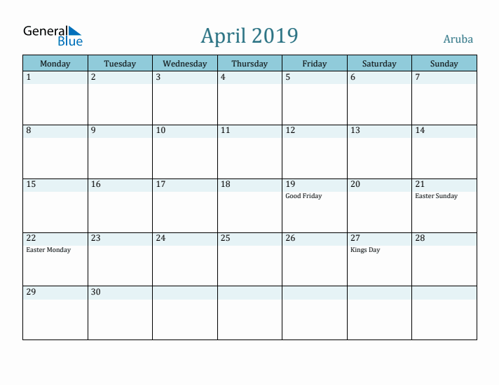 April 2019 Calendar with Holidays