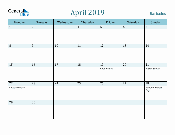 April 2019 Calendar with Holidays