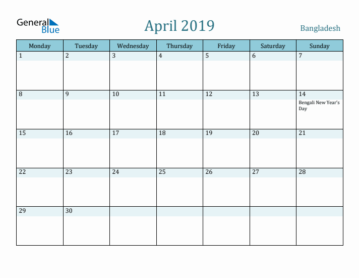 April 2019 Calendar with Holidays