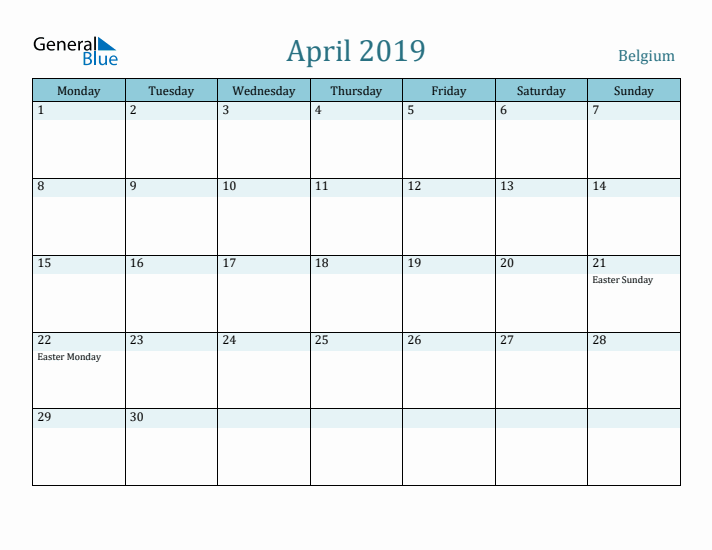 April 2019 Calendar with Holidays