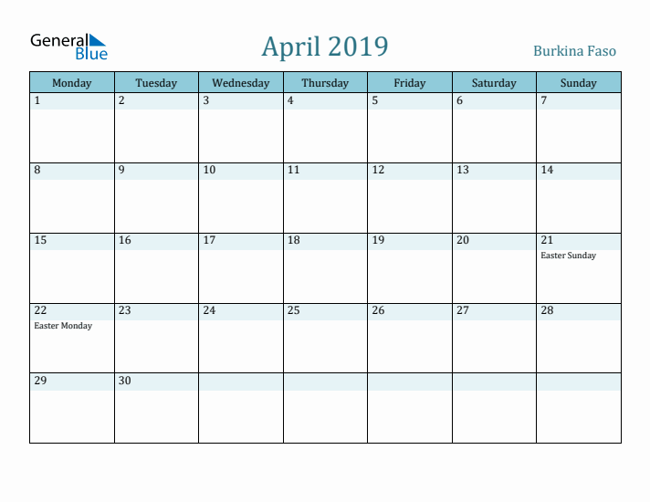 April 2019 Calendar with Holidays