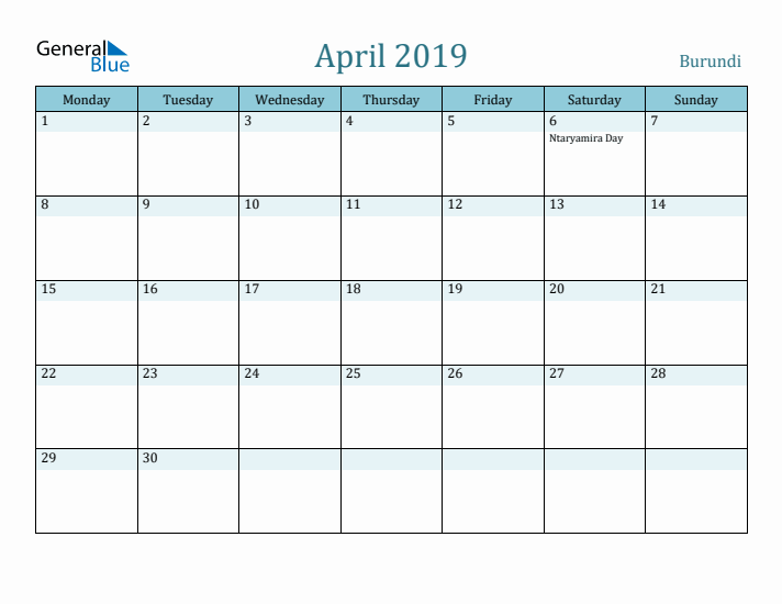 April 2019 Calendar with Holidays