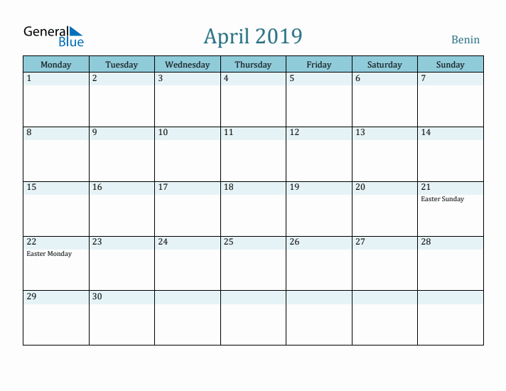 April 2019 Calendar with Holidays