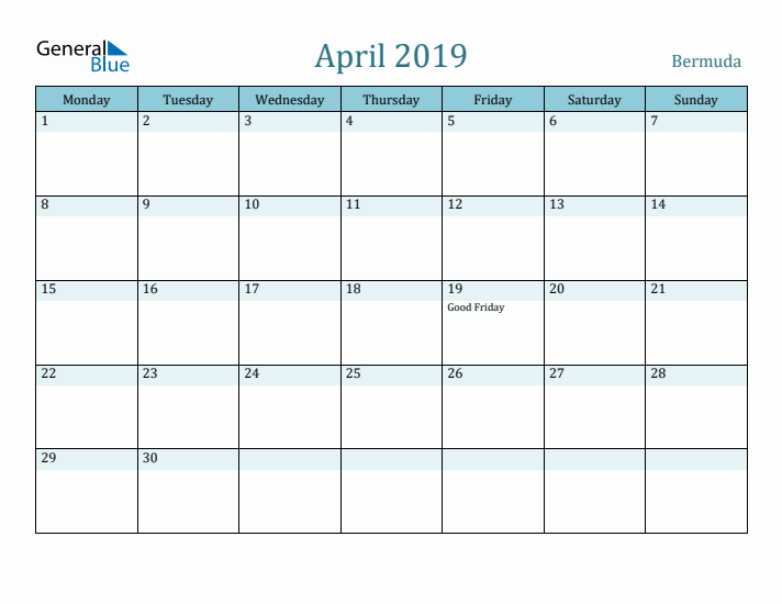 April 2019 Calendar with Holidays