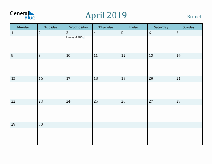 April 2019 Calendar with Holidays