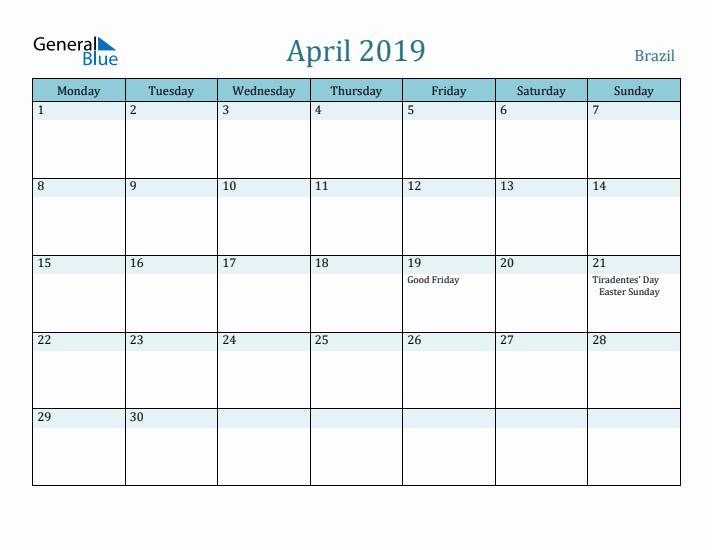 April 2019 Calendar with Holidays