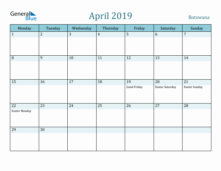 April 2019 Calendar with Holidays